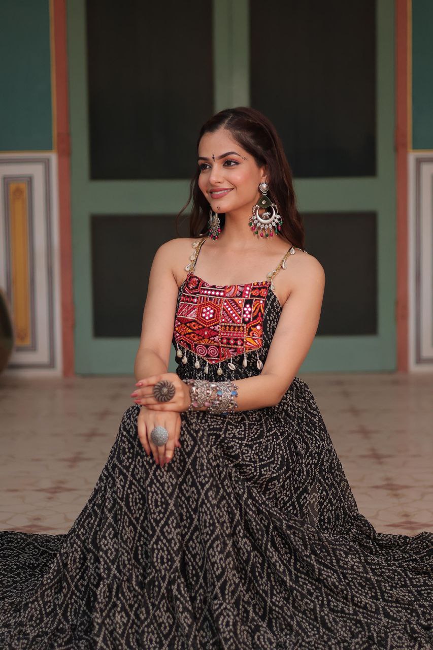 Bandhani Print Gown with Kutchi Patchwork