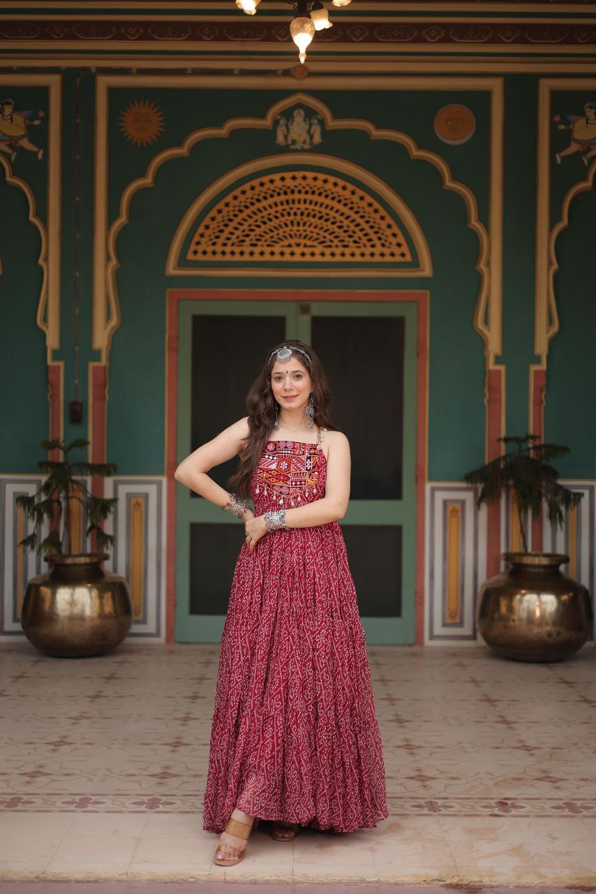 Bandhani Print Gown with Kutchi Patchwork