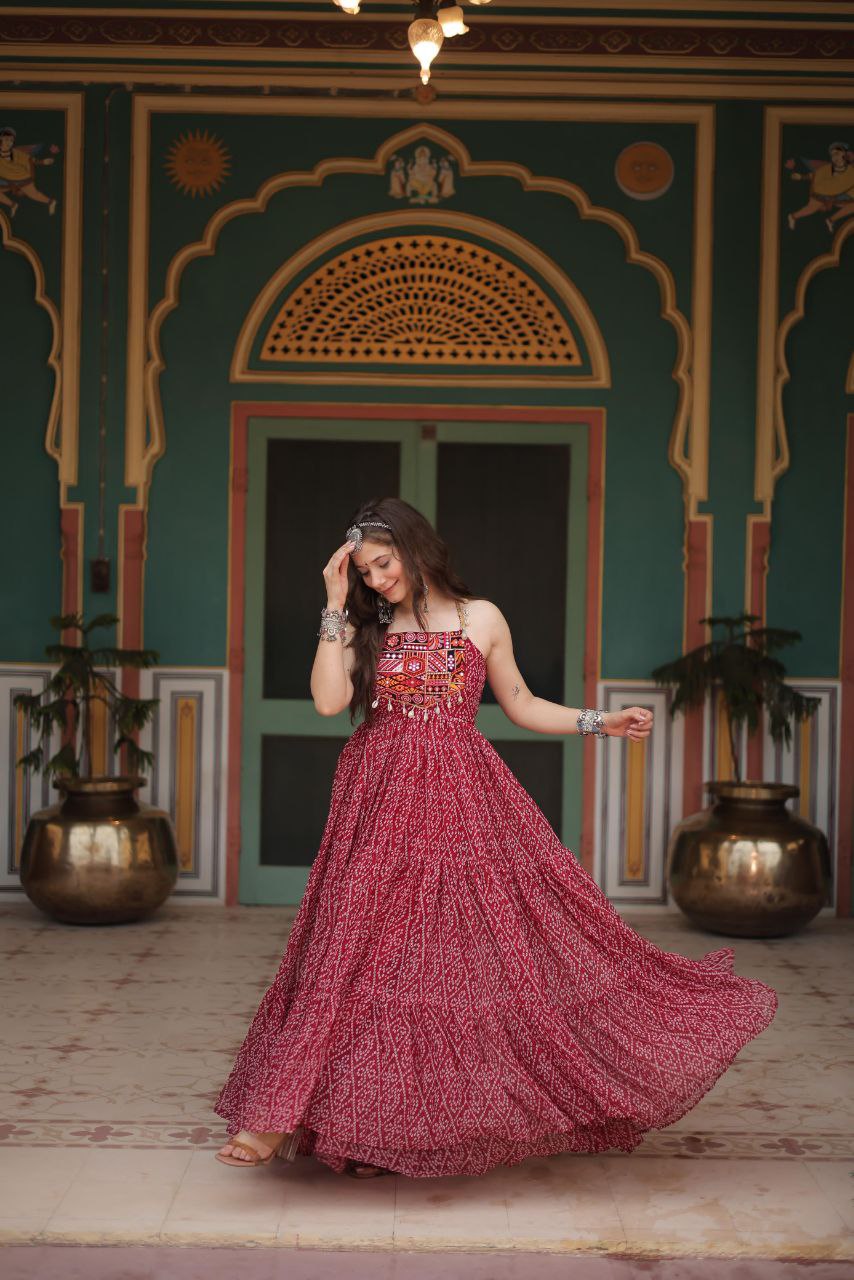 Bandhani Print Gown with Kutchi Patchwork