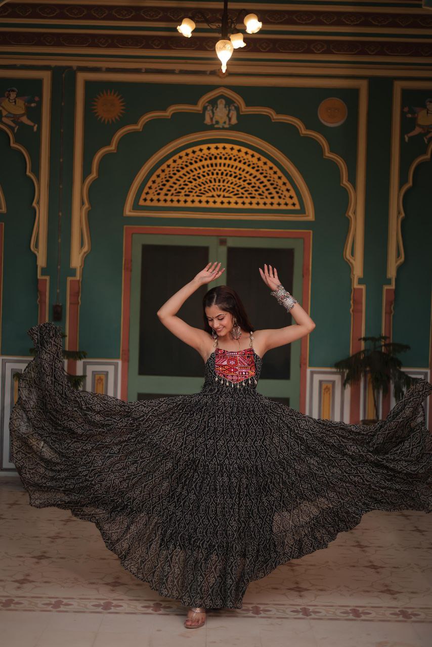 Bandhani Print Gown with Kutchi Patchwork