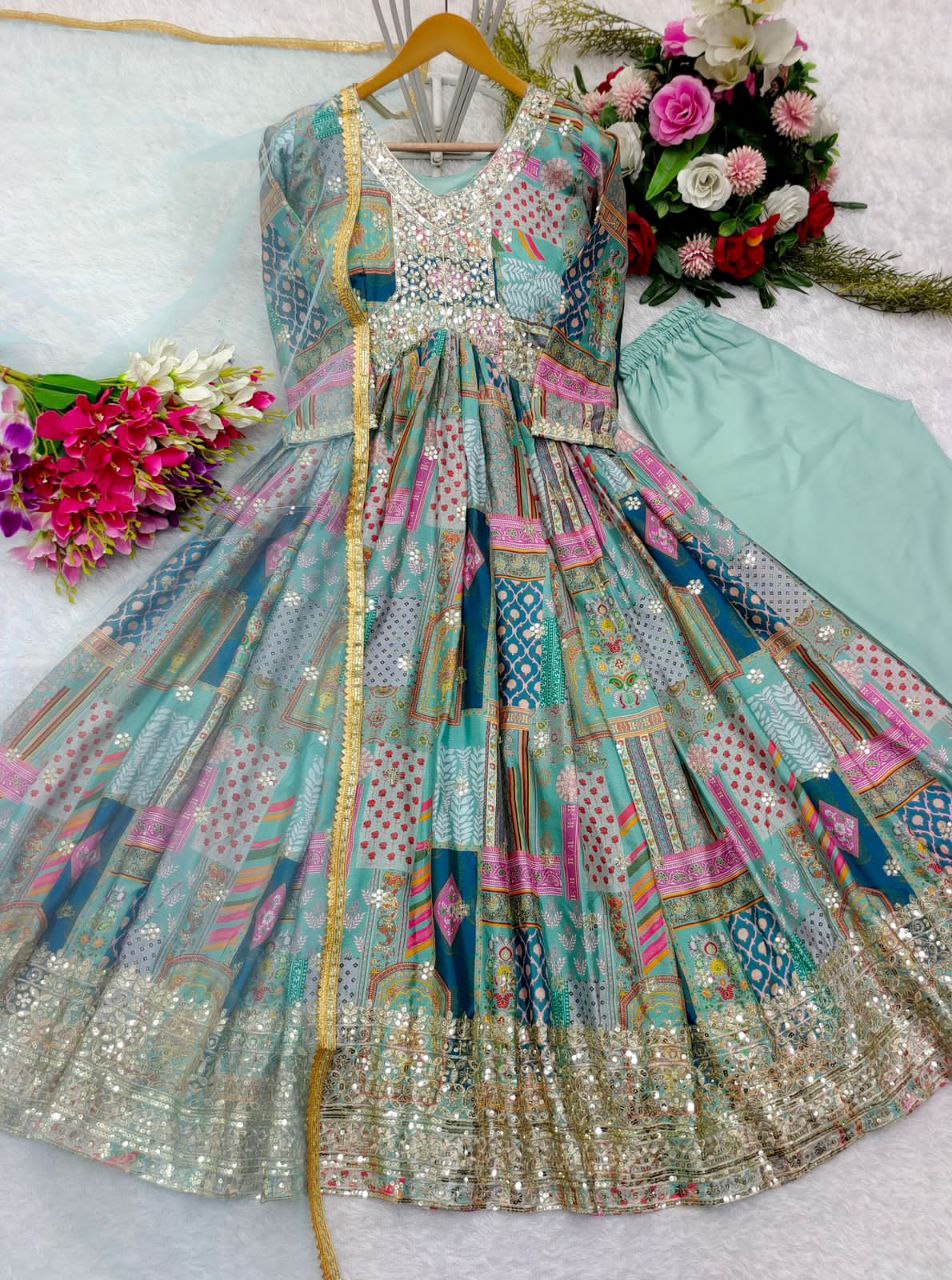 New Aliya-Cut Gown-Pant-Dupatta Set – Ready to Wear, Fully Stitched Elegance