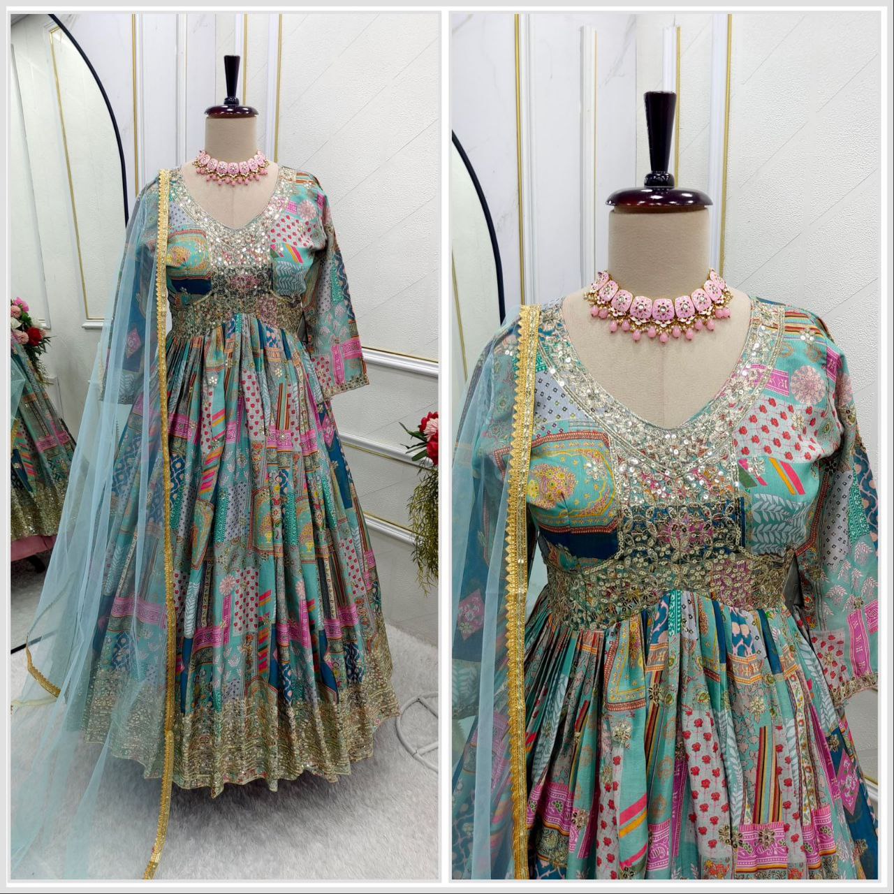 New Aliya-Cut Gown-Pant-Dupatta Set – Ready to Wear, Fully Stitched Elegance