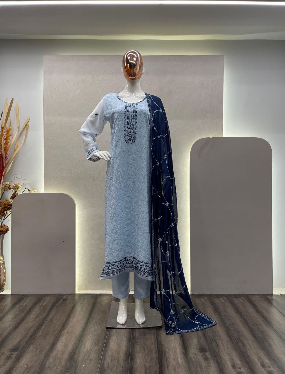 Designer Faux Georgette Top-Pant-Dupatta Set – Elegance Redefined