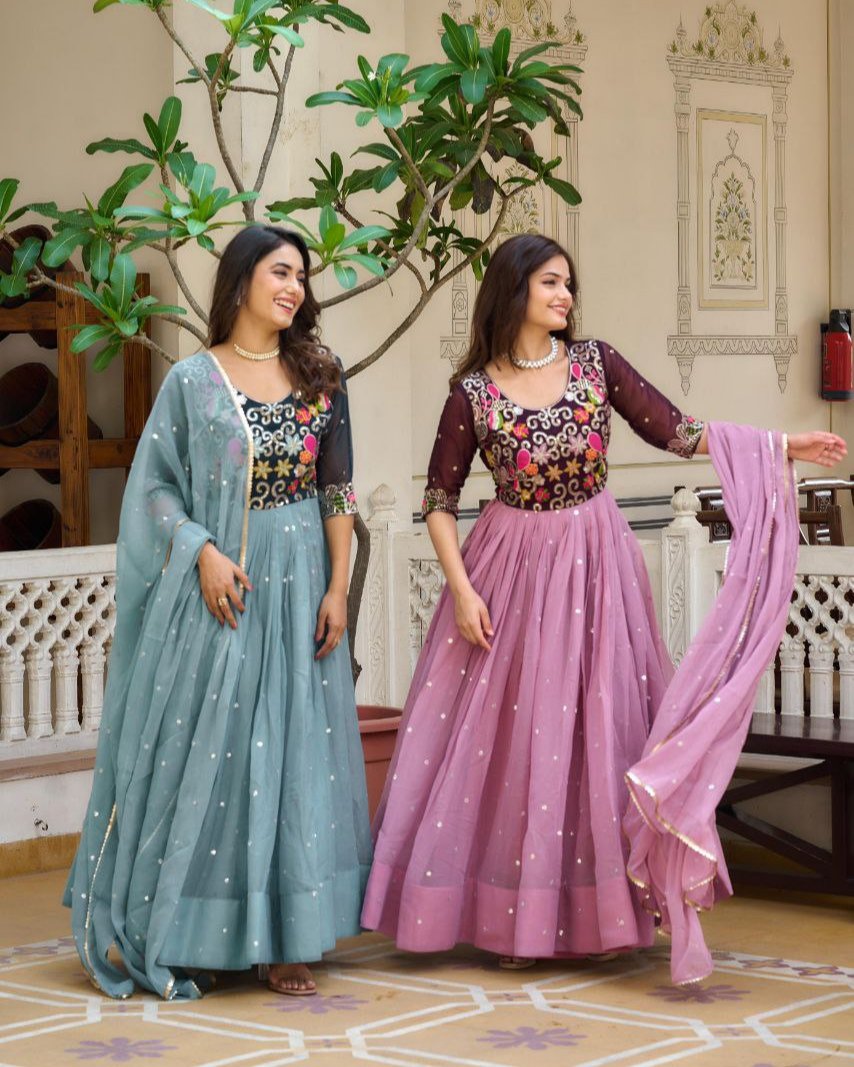 Stunning Festival Gown & Dupatta Set with Sequence Embroidery β Perfect for Every Celebration