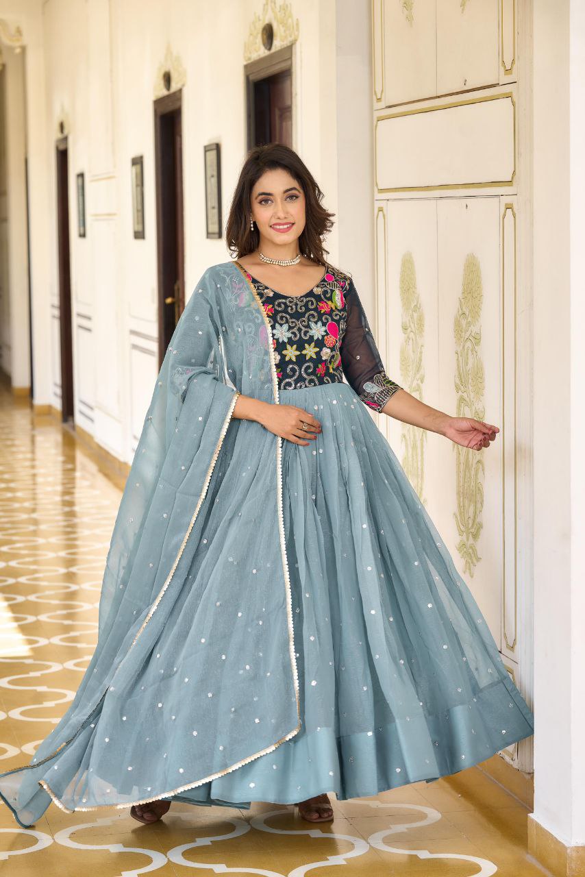 Stunning Festival Gown & Dupatta Set with Sequence Embroidery β Perfect for Every Celebration
