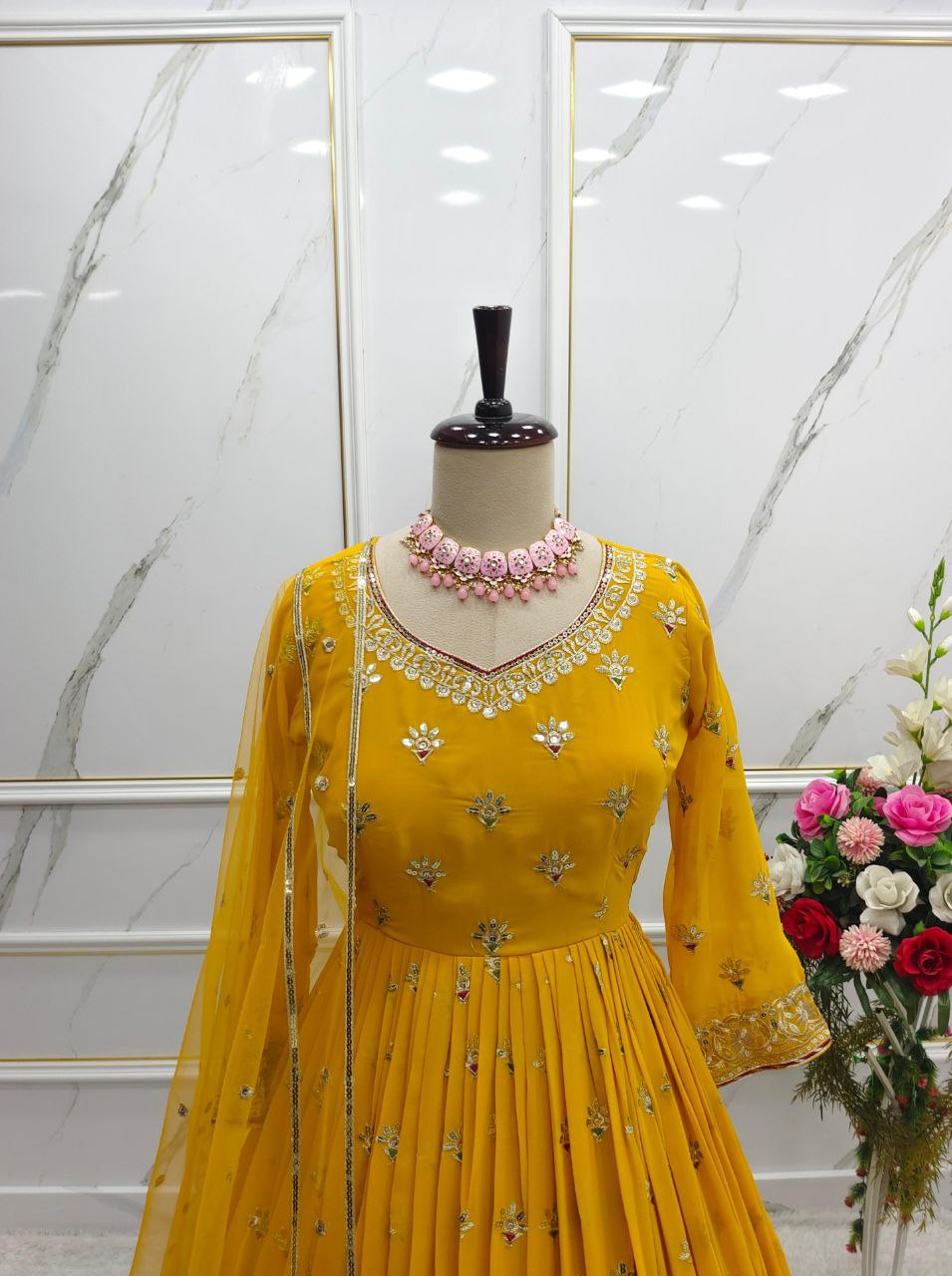 Luxury Heavy Fox Georgette Gown-Pant-Dupatta Set β Fully Stitched, Elegant, and Ready-to-Wear for Weddings and Parties
