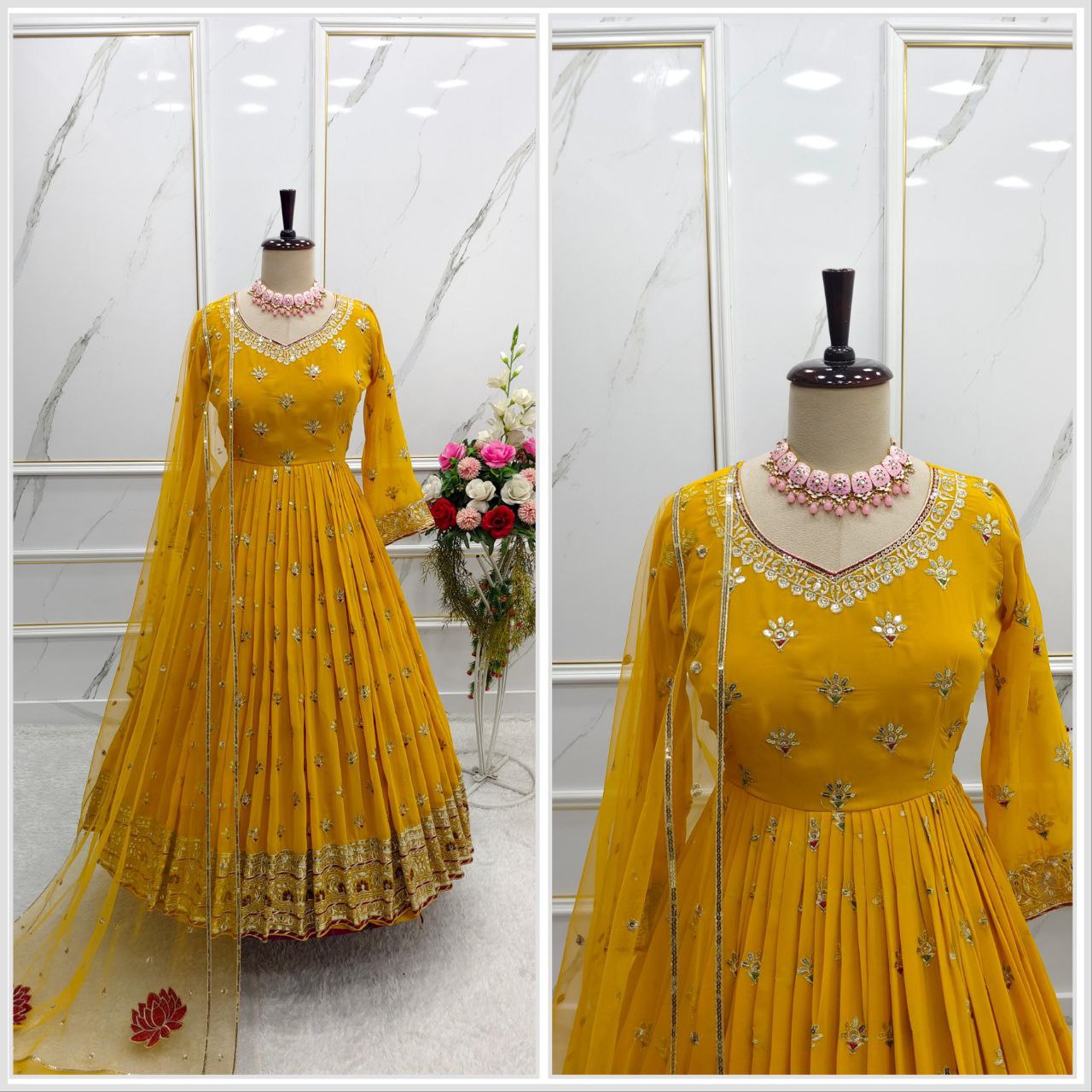 Luxury Heavy Fox Georgette Gown-Pant-Dupatta Set β Fully Stitched, Elegant, and Ready-to-Wear for Weddings and Parties