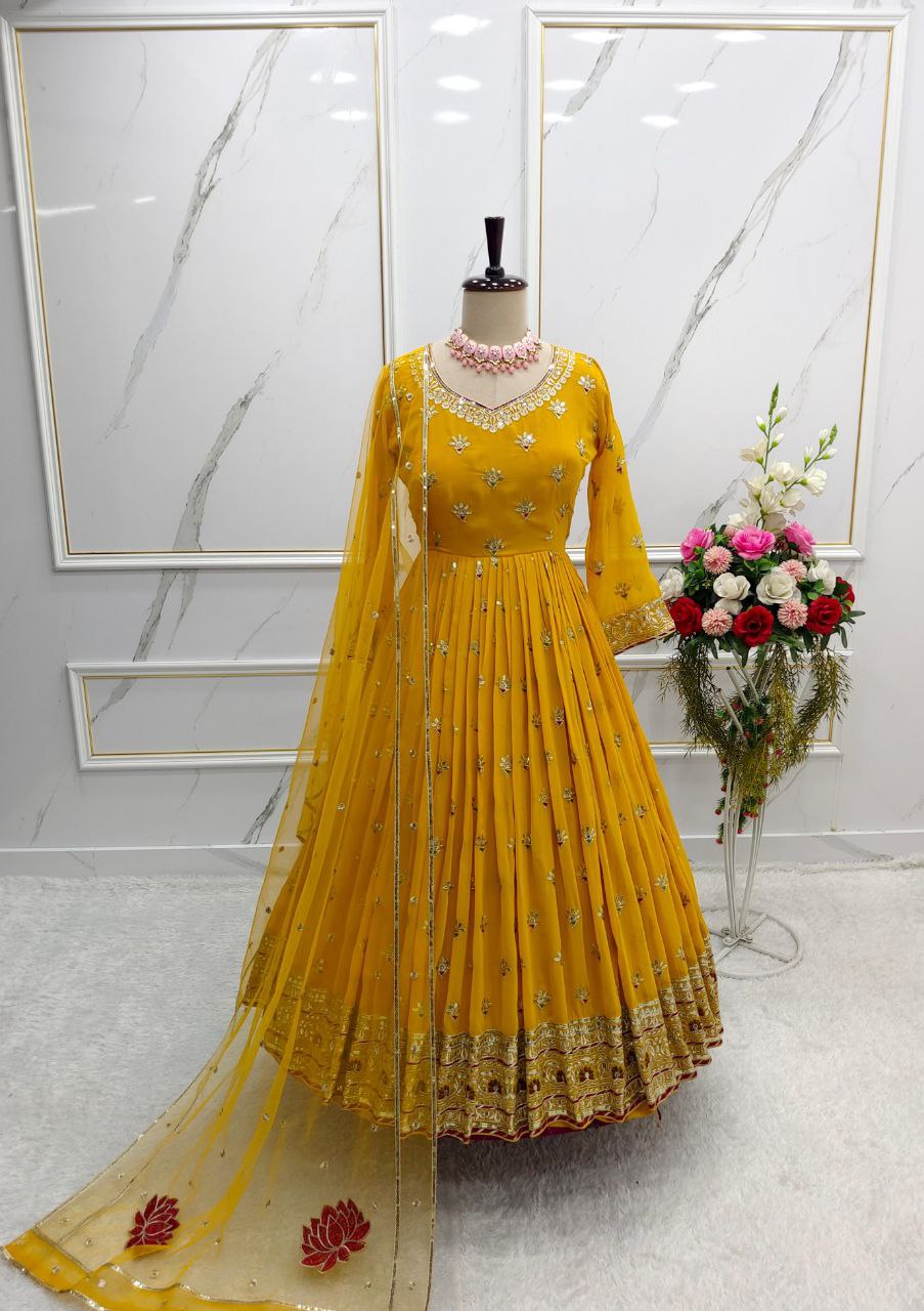 Luxury Heavy Fox Georgette Gown-Pant-Dupatta Set β Fully Stitched, Elegant, and Ready-to-Wear for Weddings and Parties