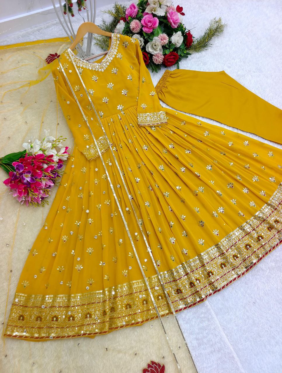Luxury Heavy Fox Georgette Gown-Pant-Dupatta Set β Fully Stitched, Elegant, and Ready-to-Wear for Weddings and Parties