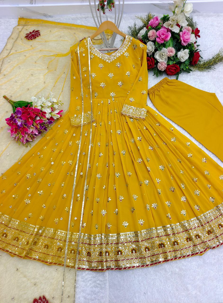 Luxury Heavy Fox Georgette Gown-Pant-Dupatta Set β Fully Stitched, Elegant, and Ready-to-Wear for Weddings and Parties
