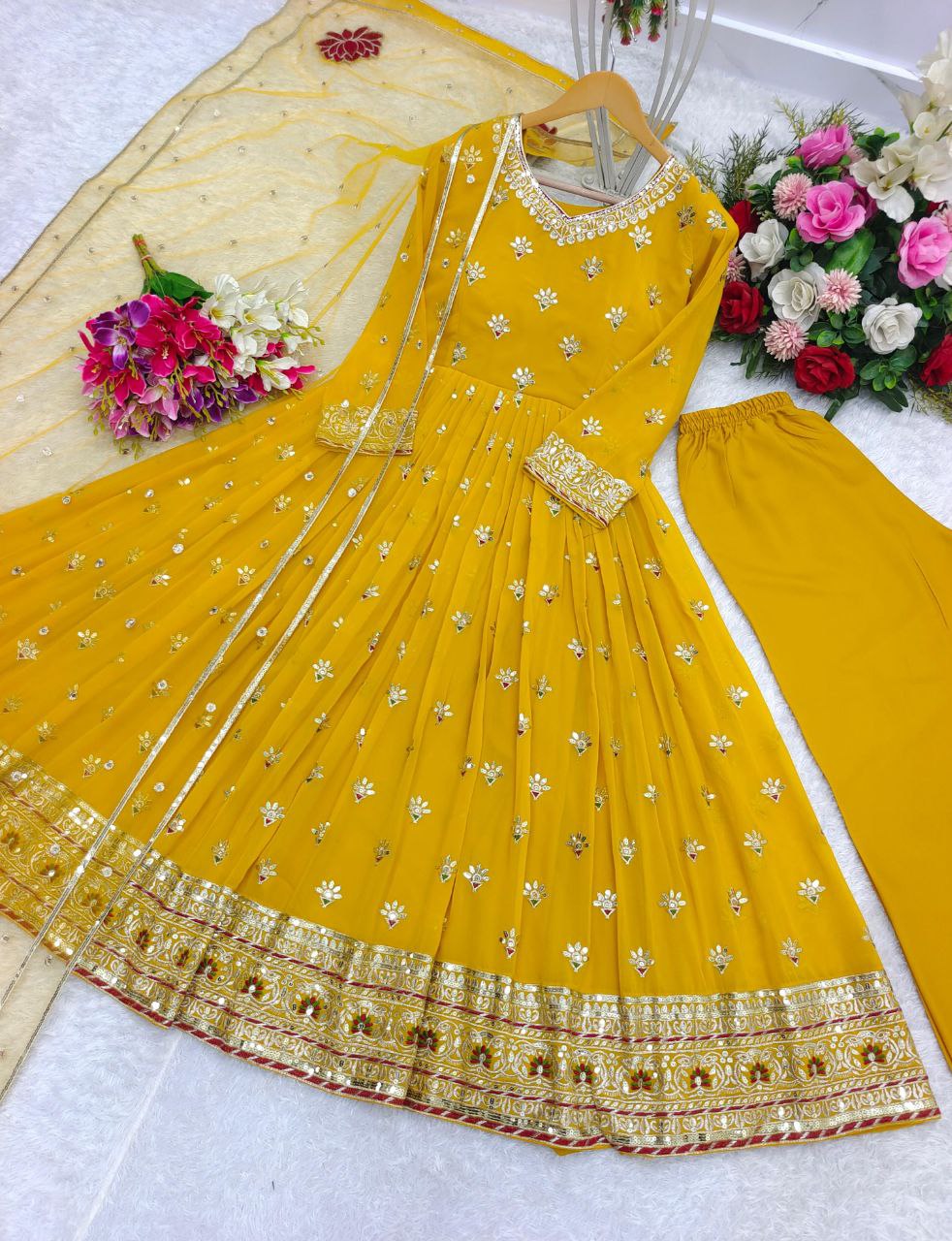 Luxury Heavy Fox Georgette Gown-Pant-Dupatta Set β Fully Stitched, Elegant, and Ready-to-Wear for Weddings and Parties