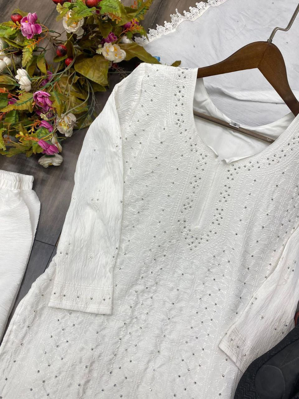 Trending Delta Fabric Embroidered Suit Set – Elegance Redefined with Diamond Work, Palazzo, and Dupatta!"