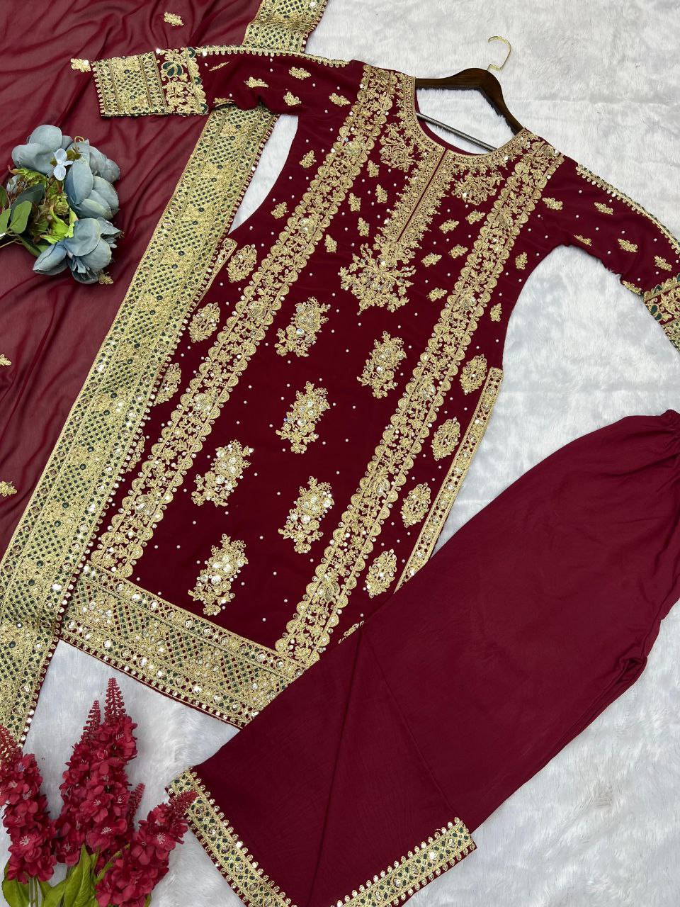 Beautiful Heavy Embroidery Sequins & Riveted Moti Work Top, Plazzo, and Dupatta Set