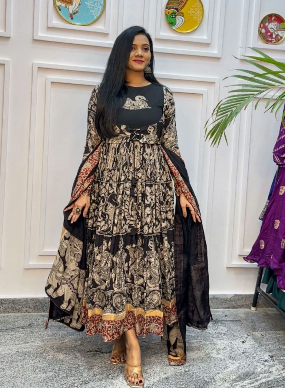 Unveiling the Elegant Kalamkari 3-in-1 Gown Set: Gown, Jacket & Dupatta
