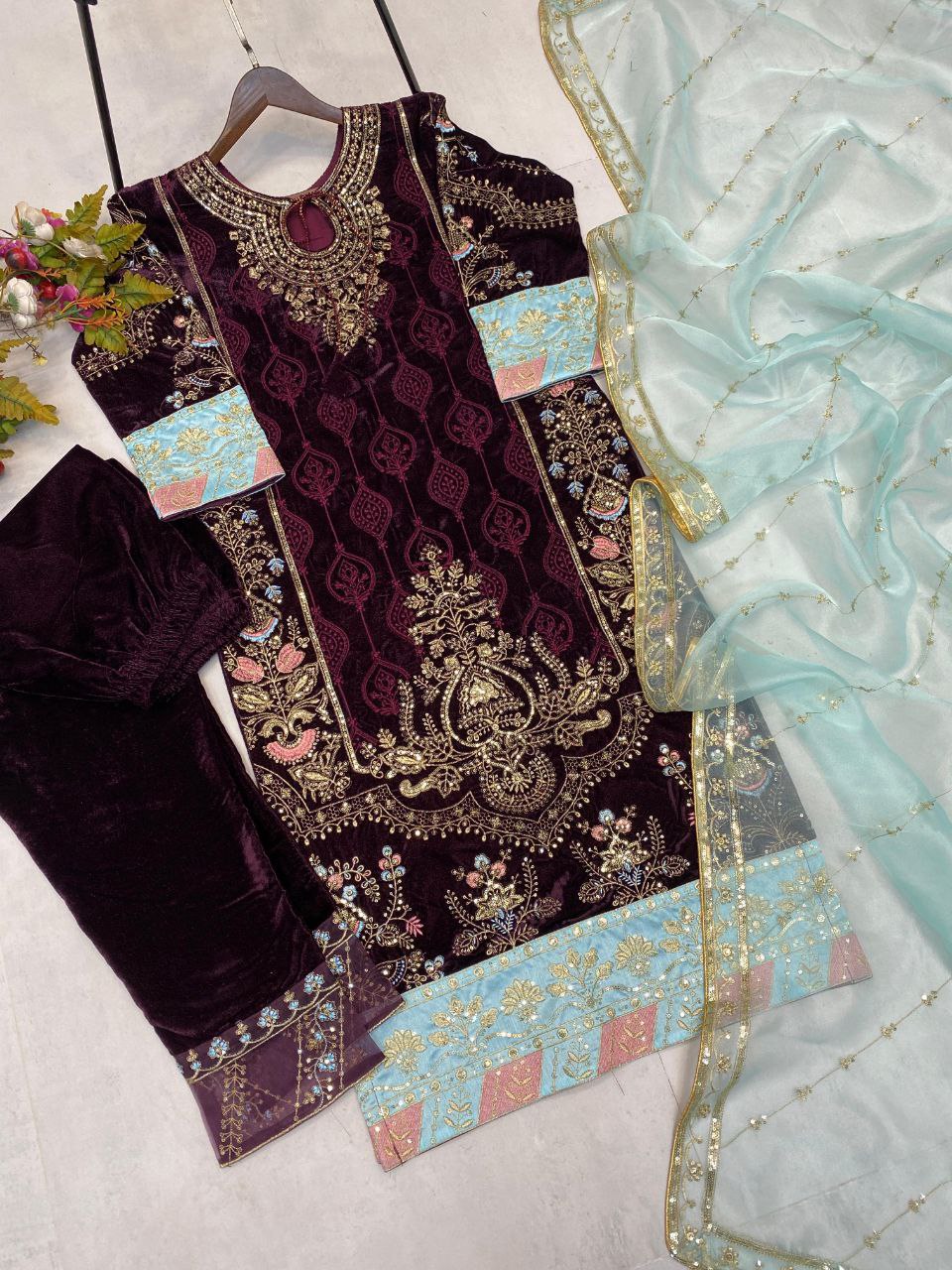 Dazzling Designer Velvet Sequence Embroidery Suit with Dupatta – Perfect for Winter Elegance