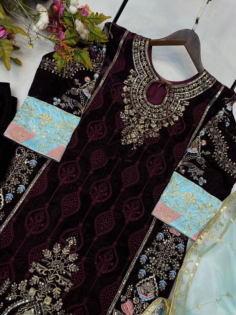 Dazzling Designer Velvet Sequence Embroidery Suit with Dupatta – Perfect for Winter Elegance