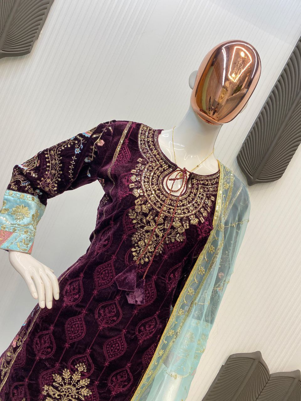 Dazzling Designer Velvet Sequence Embroidery Suit with Dupatta – Perfect for Winter Elegance