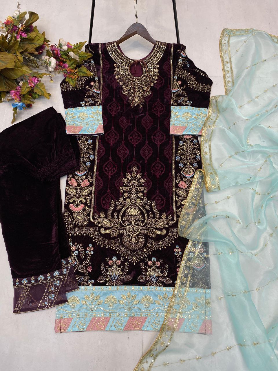 Dazzling Designer Velvet Sequence Embroidery Suit with Dupatta – Perfect for Winter Elegance