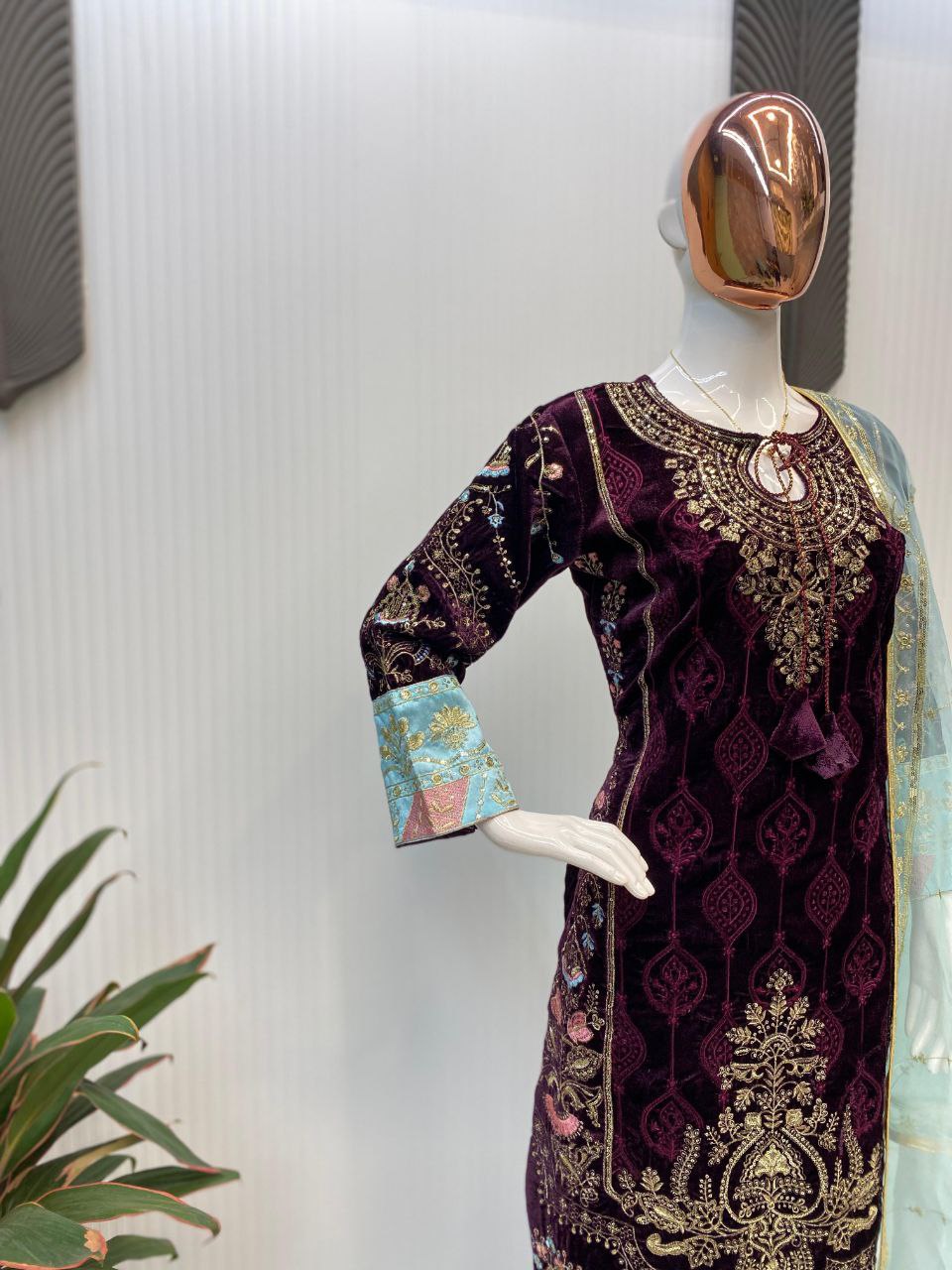 Dazzling Designer Velvet Sequence Embroidery Suit with Dupatta – Perfect for Winter Elegance