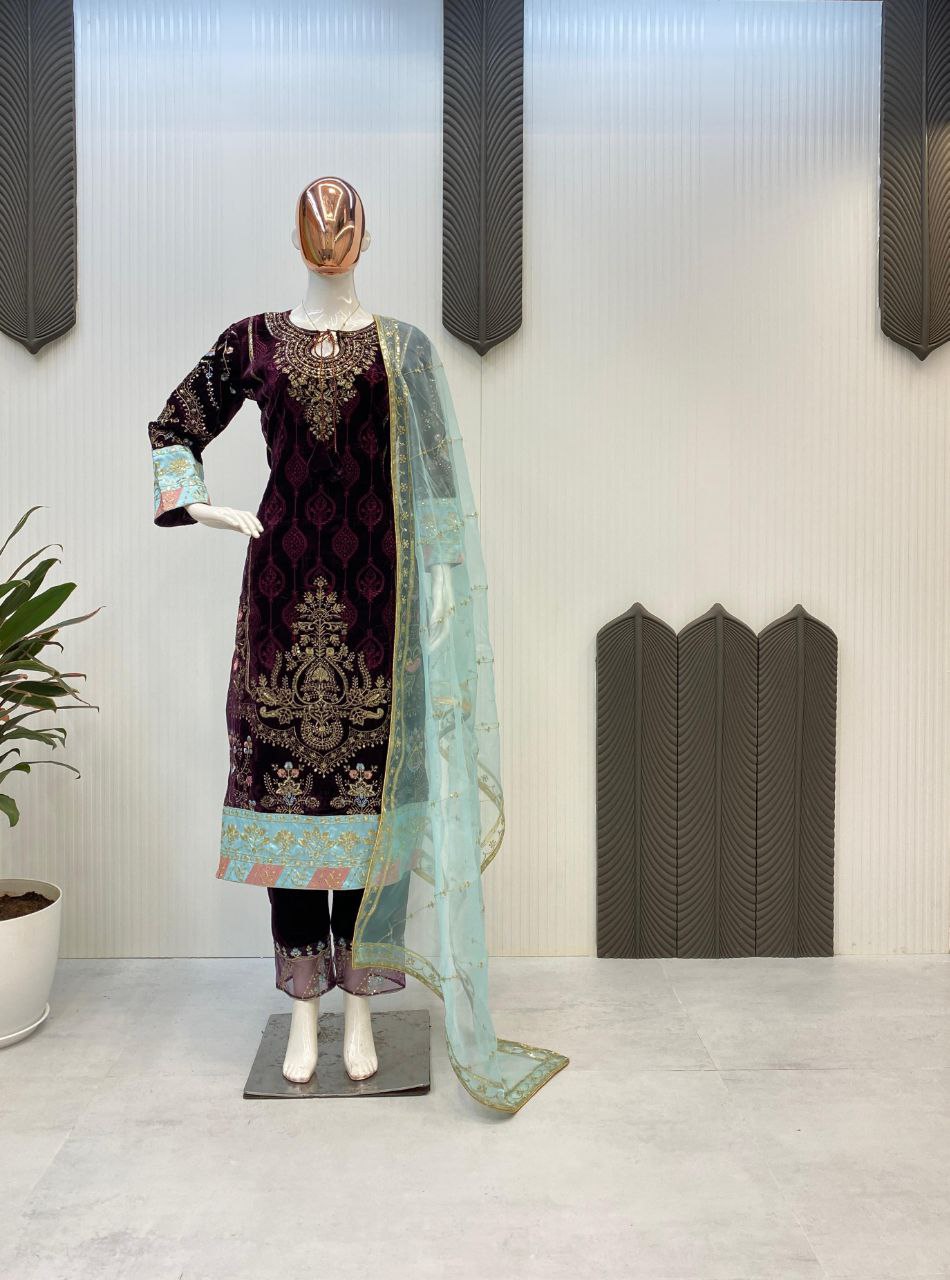 Dazzling Designer Velvet Sequence Embroidery Suit with Dupatta – Perfect for Winter Elegance