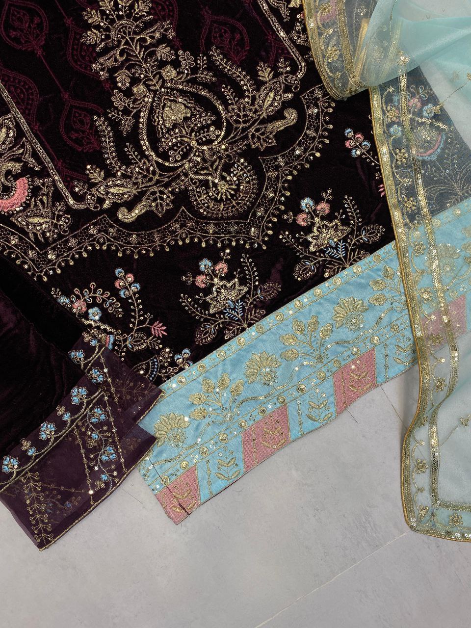 Dazzling Designer Velvet Sequence Embroidery Suit with Dupatta – Perfect for Winter Elegance
