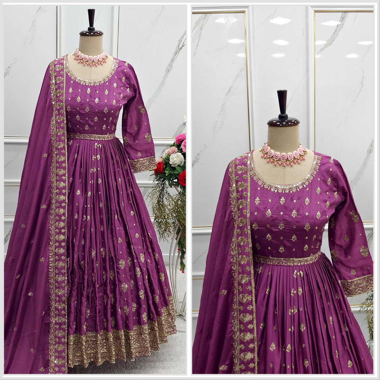 Exquisite Heavy Chinon Silk Gown, Pant & Dupatta Set with Embroidery & Accessories – Ready to Wear