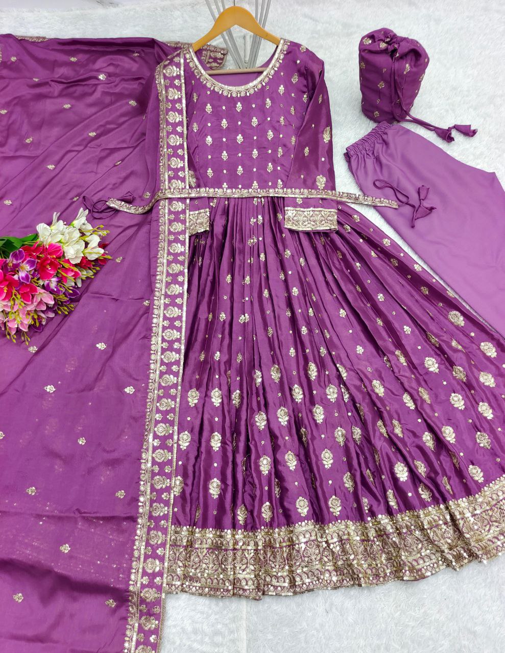 Exquisite Heavy Chinon Silk Gown, Pant & Dupatta Set with Embroidery & Accessories – Ready to Wear
