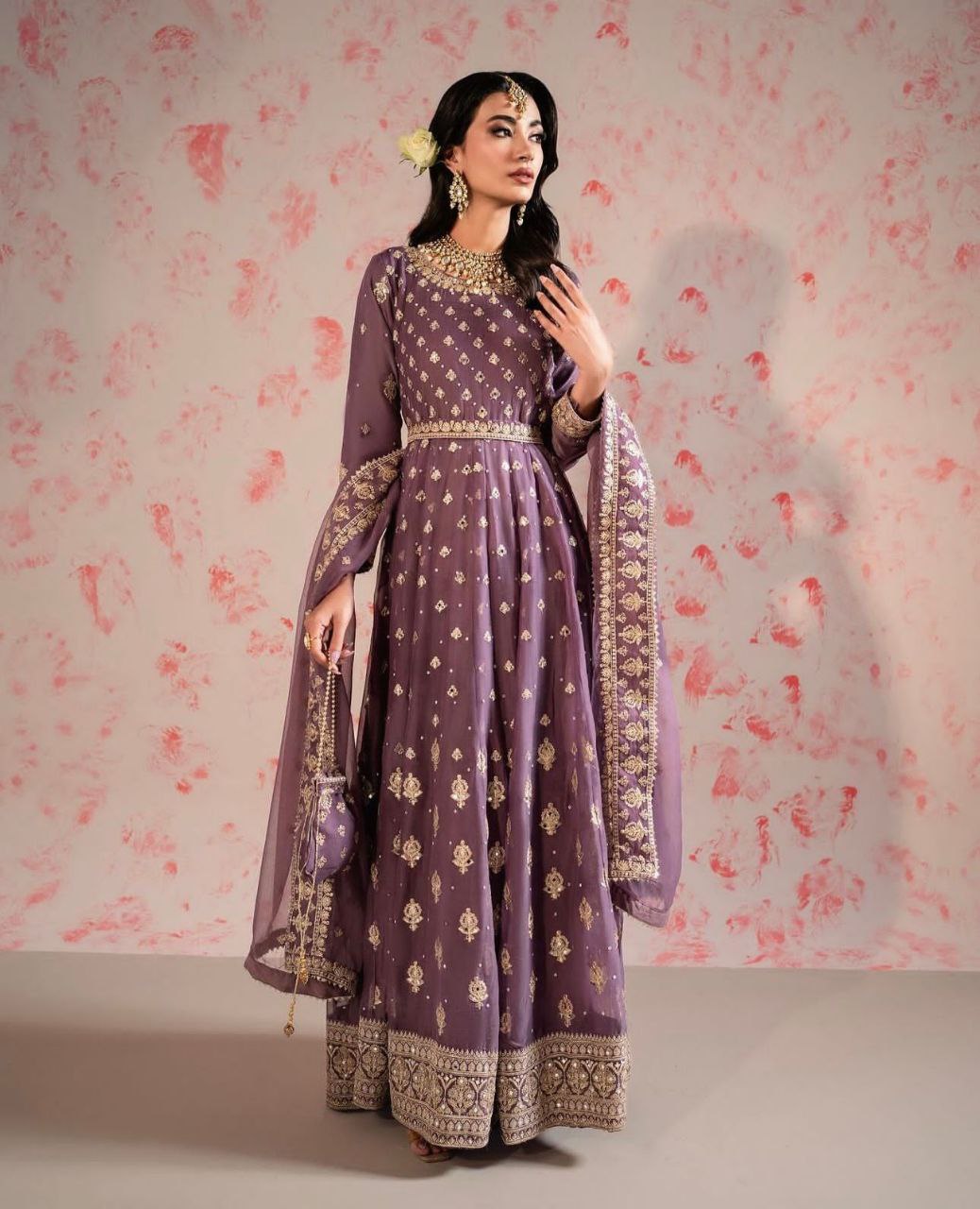 Exquisite Heavy Chinon Silk Gown, Pant & Dupatta Set with Embroidery & Accessories – Ready to Wear