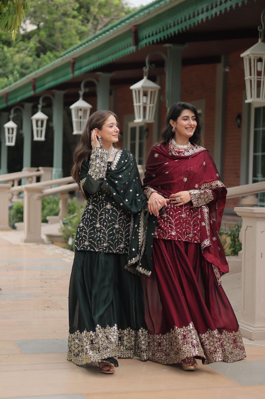 Premium Designer Rangoli Silk Kurti, Plazzo & Dupatta Set – Heavy Sequins & Thread Embroidery for Festive Elegance