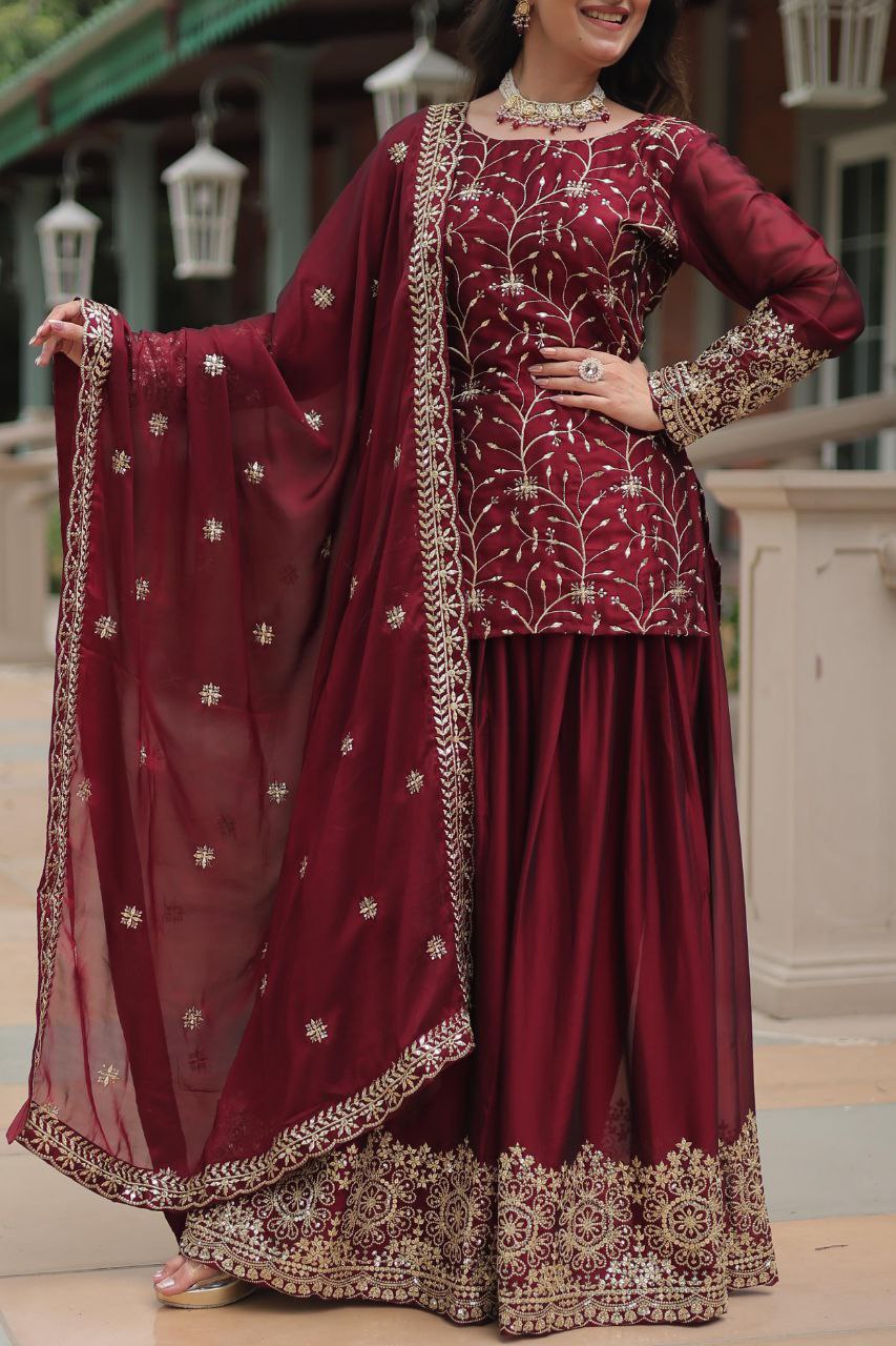 Premium Designer Rangoli Silk Kurti, Plazzo & Dupatta Set – Heavy Sequins & Thread Embroidery for Festive Elegance