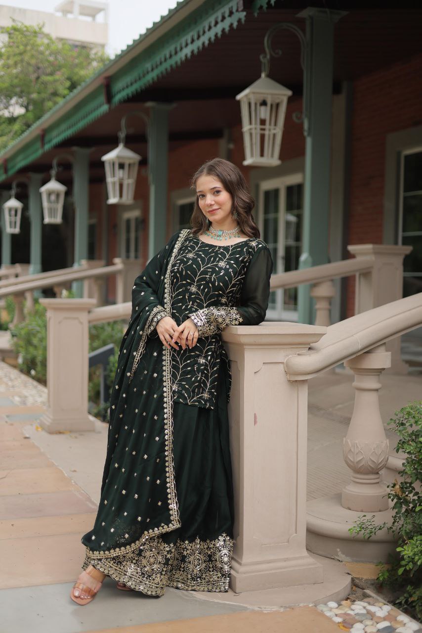 Premium Designer Rangoli Silk Kurti, Plazzo & Dupatta Set – Heavy Sequins & Thread Embroidery for Festive Elegance