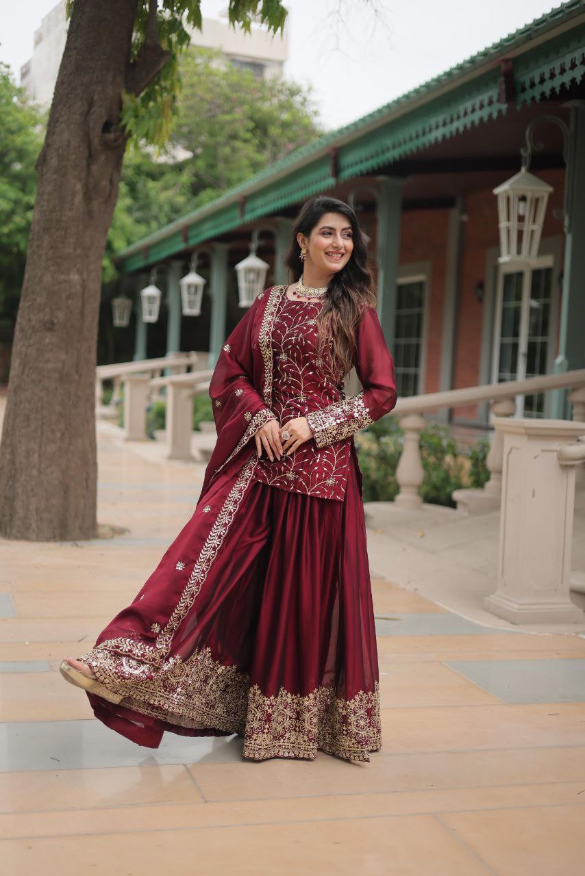 Premium Designer Rangoli Silk Kurti, Plazzo & Dupatta Set – Heavy Sequins & Thread Embroidery for Festive Elegance