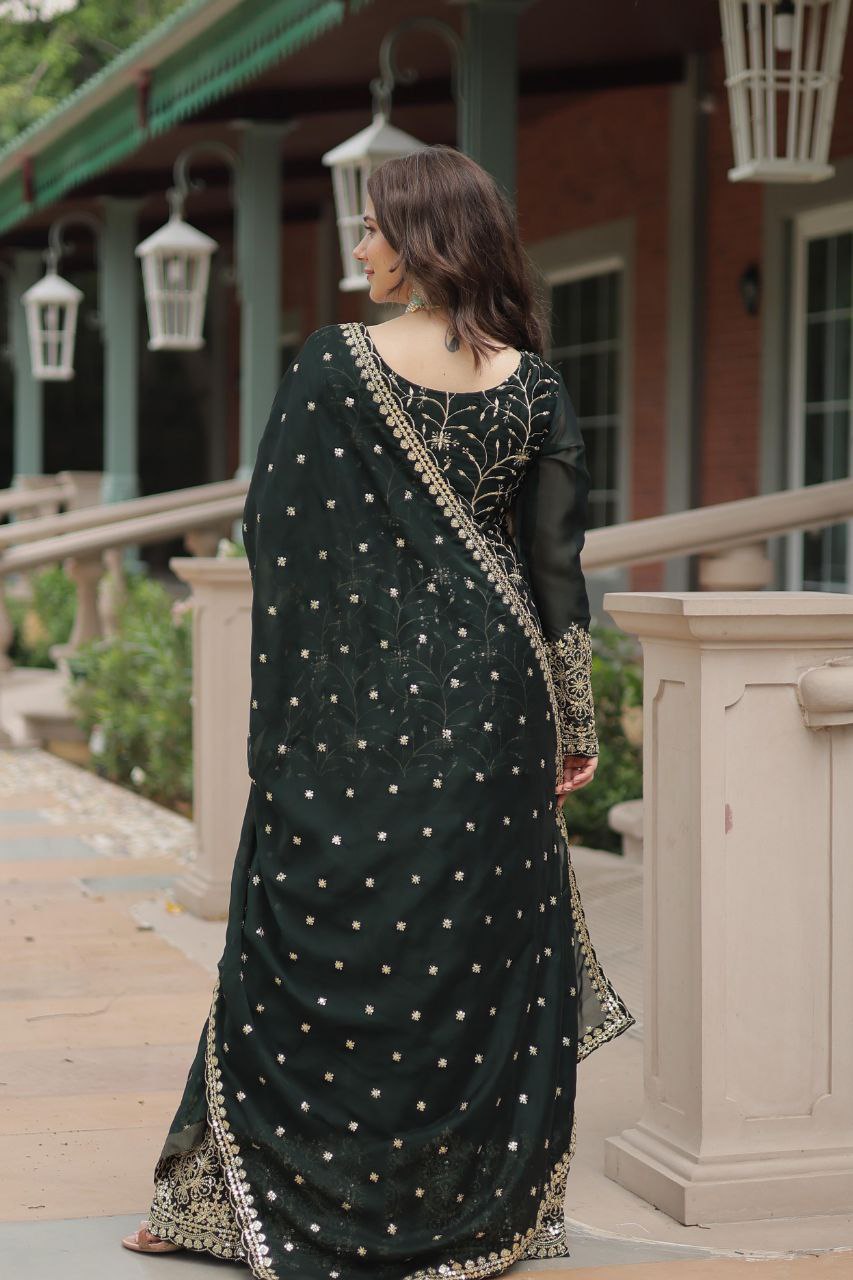 Premium Designer Rangoli Silk Kurti, Plazzo & Dupatta Set – Heavy Sequins & Thread Embroidery for Festive Elegance
