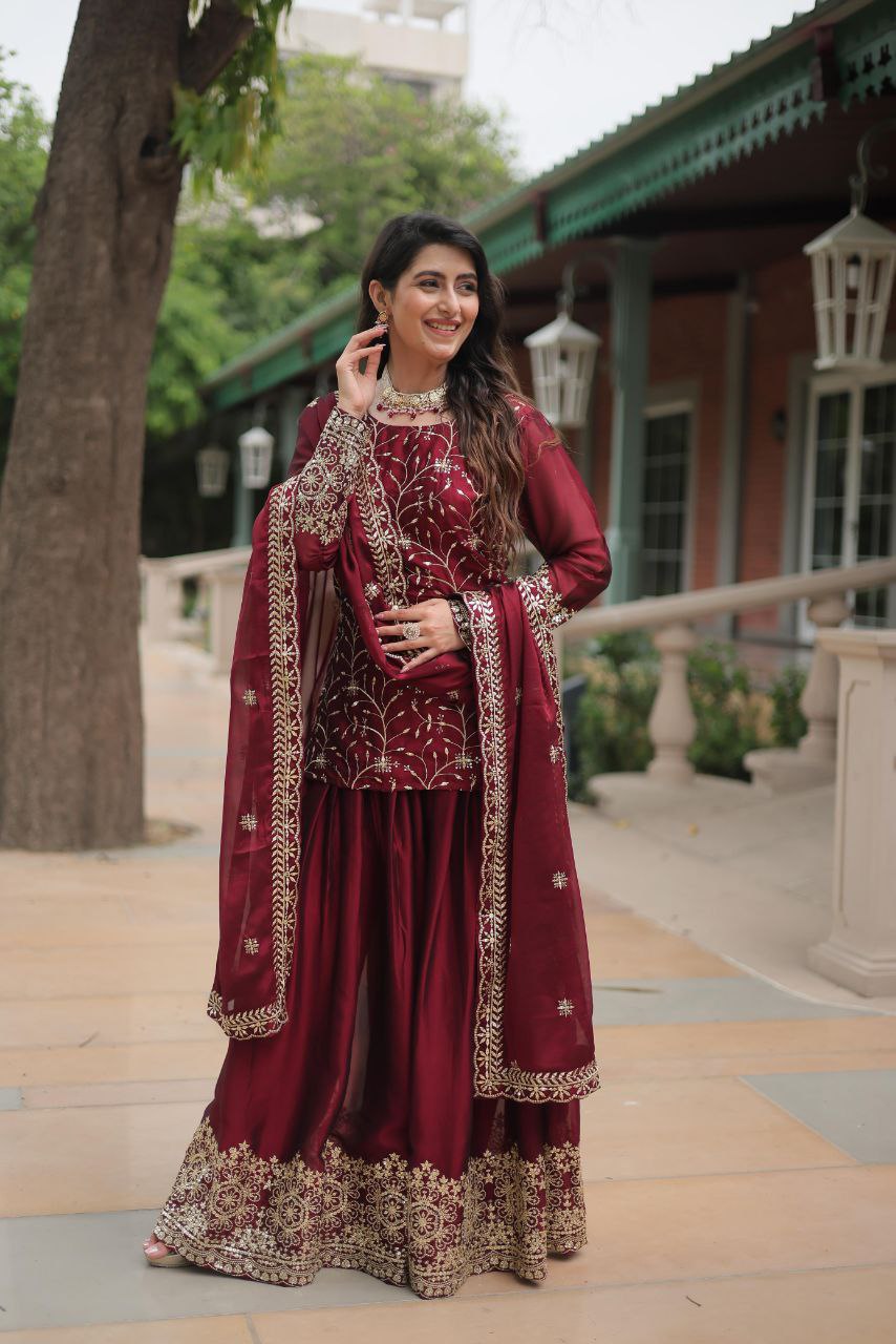 Premium Designer Rangoli Silk Kurti, Plazzo & Dupatta Set – Heavy Sequins & Thread Embroidery for Festive Elegance
