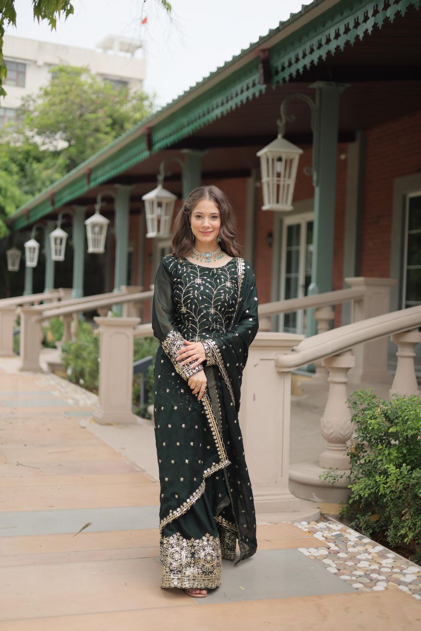 Premium Designer Rangoli Silk Kurti, Plazzo & Dupatta Set – Heavy Sequins & Thread Embroidery for Festive Elegance
