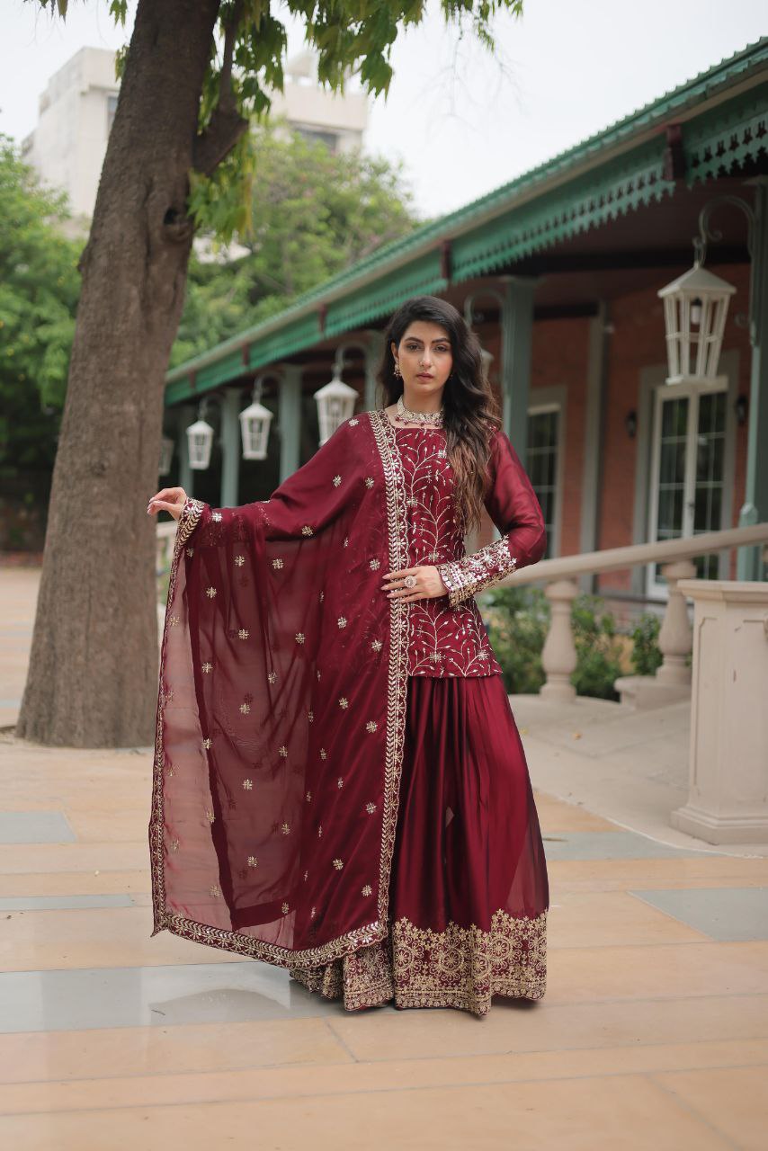 Premium Designer Rangoli Silk Kurti, Plazzo & Dupatta Set – Heavy Sequins & Thread Embroidery for Festive Elegance