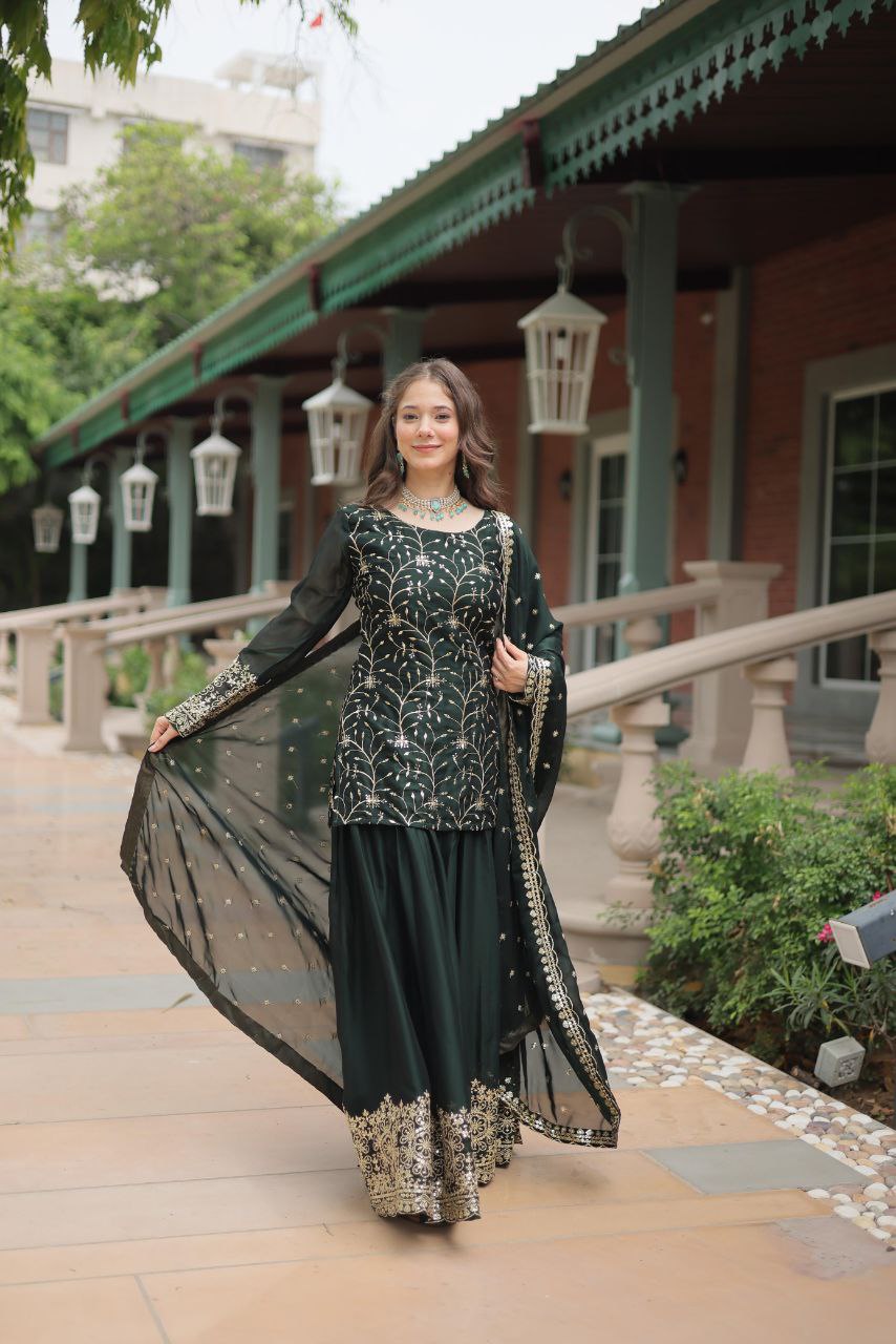 Premium Designer Rangoli Silk Kurti, Plazzo & Dupatta Set – Heavy Sequins & Thread Embroidery for Festive Elegance