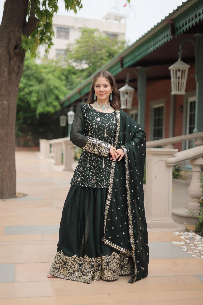 Premium Designer Rangoli Silk Kurti, Plazzo & Dupatta Set – Heavy Sequins & Thread Embroidery for Festive Elegance