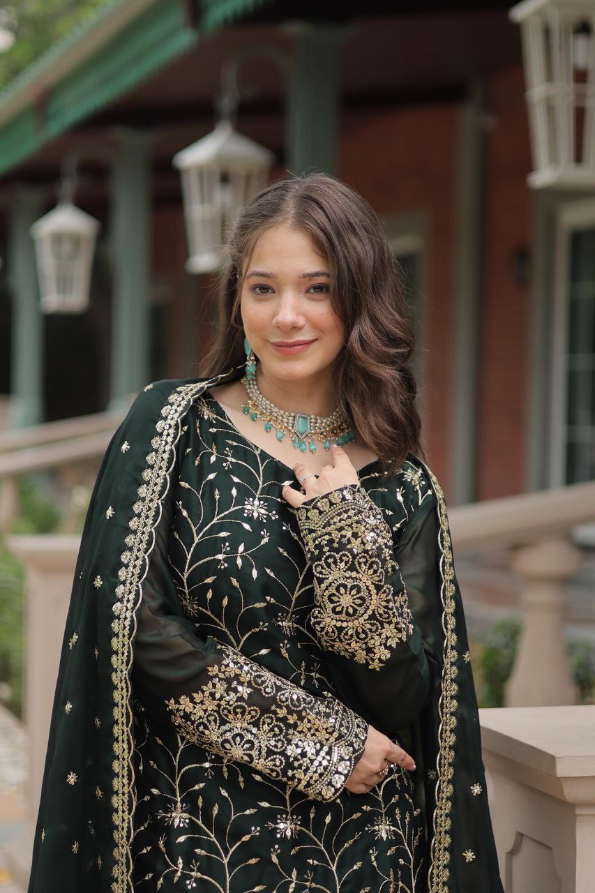 Premium Designer Rangoli Silk Kurti, Plazzo & Dupatta Set – Heavy Sequins & Thread Embroidery for Festive Elegance