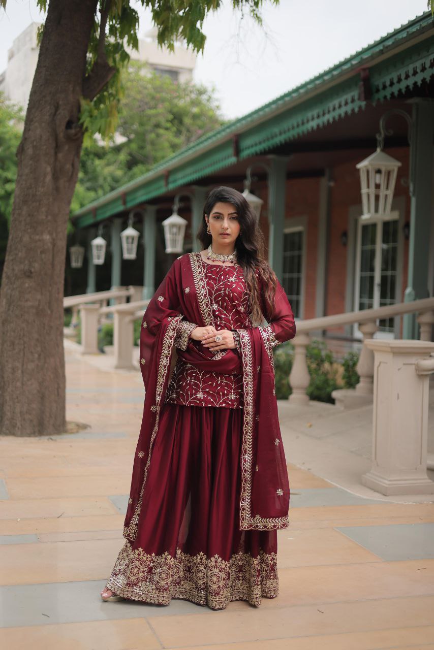 Premium Designer Rangoli Silk Kurti, Plazzo & Dupatta Set – Heavy Sequins & Thread Embroidery for Festive Elegance