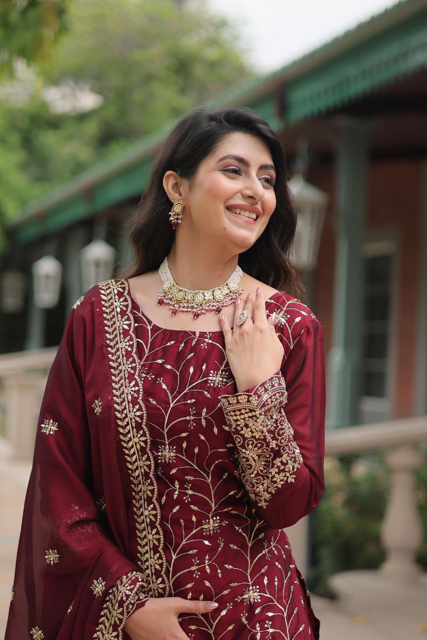 Premium Designer Rangoli Silk Kurti, Plazzo & Dupatta Set – Heavy Sequins & Thread Embroidery for Festive Elegance