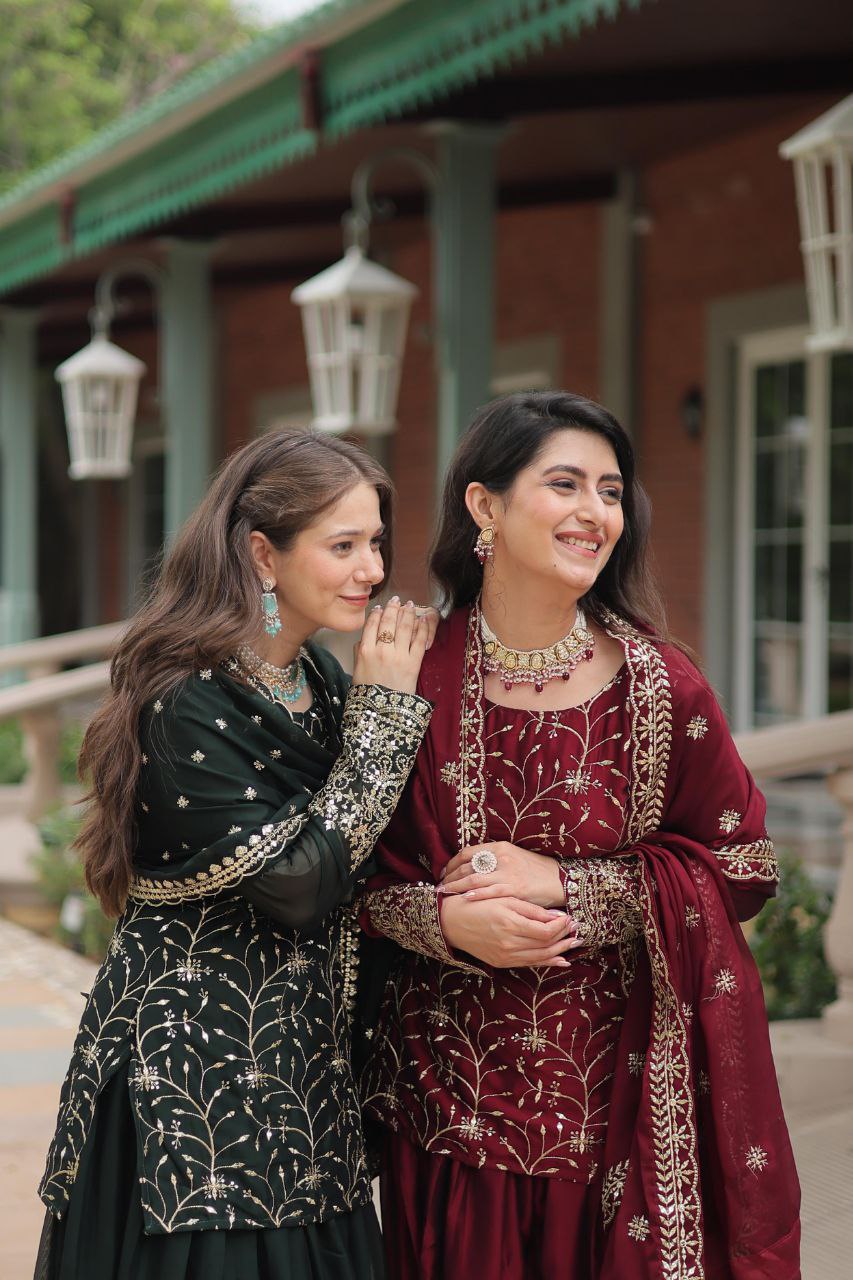 Premium Designer Rangoli Silk Kurti, Plazzo & Dupatta Set – Heavy Sequins & Thread Embroidery for Festive Elegance