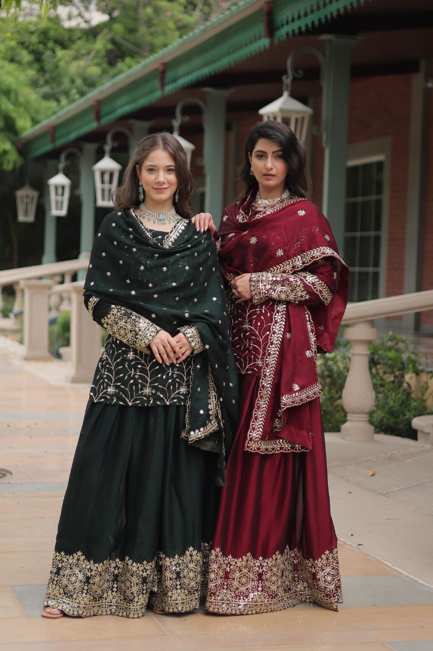 Premium Designer Rangoli Silk Kurti, Plazzo & Dupatta Set – Heavy Sequins & Thread Embroidery for Festive Elegance