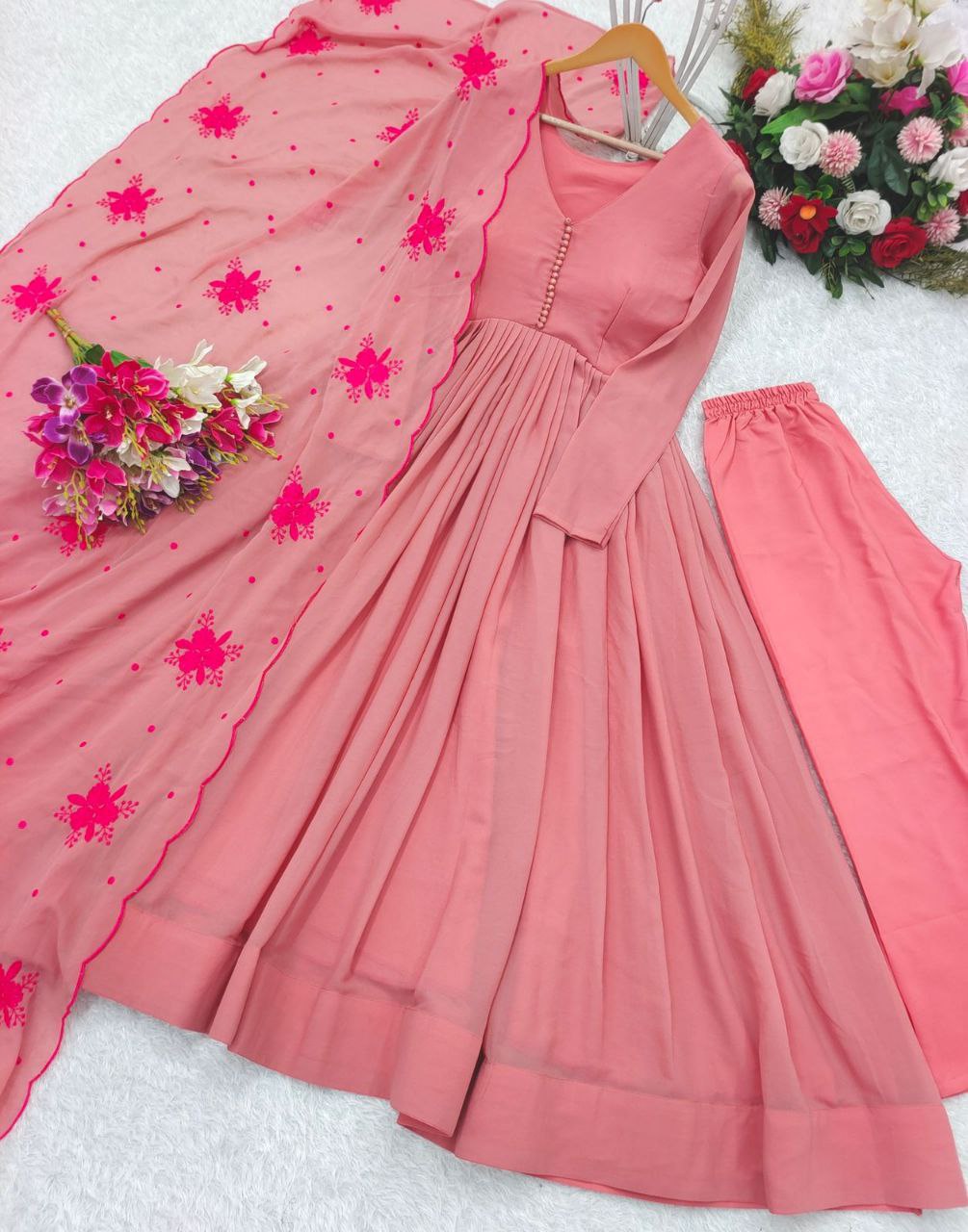 Elegant Heavy Georgette Gown-Pant-Dupatta Set β Fully Stitched, Ready-to-Wear Glamour for Every Occasion!