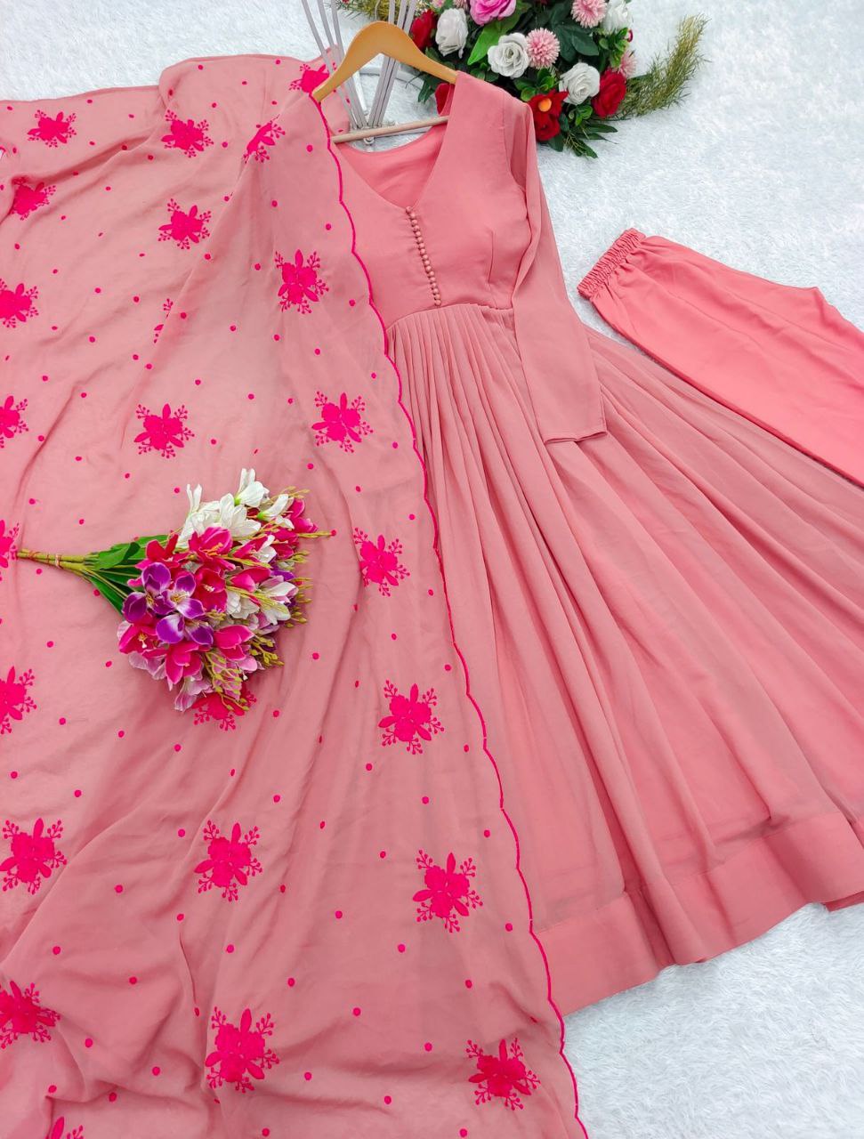 Elegant Heavy Georgette Gown-Pant-Dupatta Set β Fully Stitched, Ready-to-Wear Glamour for Every Occasion!