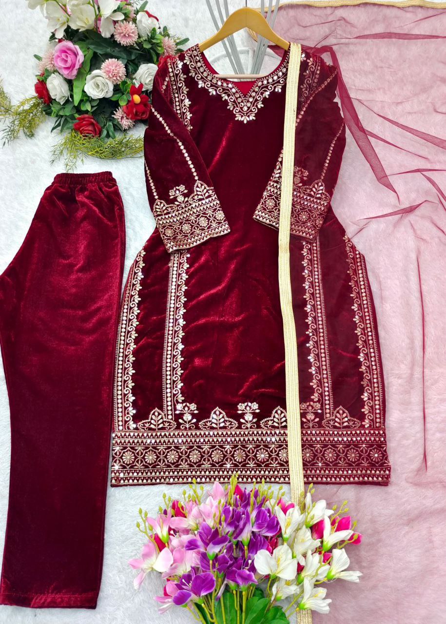 Royal Velvet Glam: Stunning Top-Pant-Dupatta Set with Heavy Embroidery & Luxe Sequence Work β Fully Stitched & Ready to Wear"