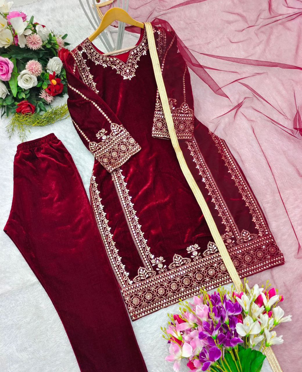Royal Velvet Glam: Stunning Top-Pant-Dupatta Set with Heavy Embroidery & Luxe Sequence Work β Fully Stitched & Ready to Wear"