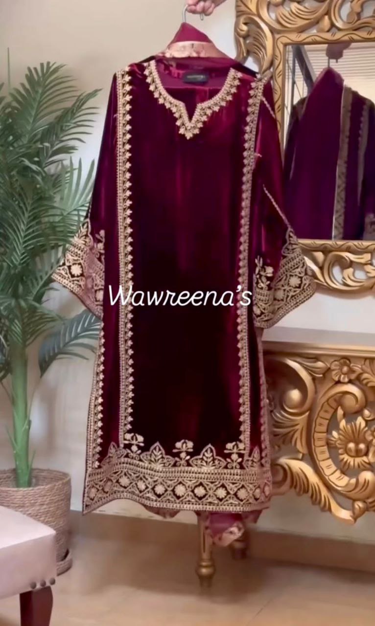 Royal Velvet Glam: Stunning Top-Pant-Dupatta Set with Heavy Embroidery & Luxe Sequence Work β Fully Stitched & Ready to Wear"