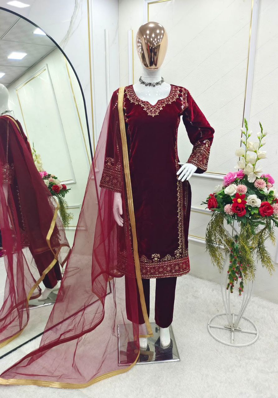 Royal Velvet Glam: Stunning Top-Pant-Dupatta Set with Heavy Embroidery & Luxe Sequence Work β Fully Stitched & Ready to Wear"
