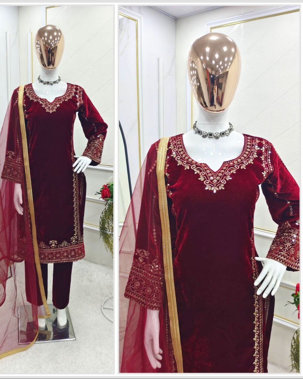 Royal Velvet Glam: Stunning Top-Pant-Dupatta Set with Heavy Embroidery & Luxe Sequence Work β Fully Stitched & Ready to Wear"